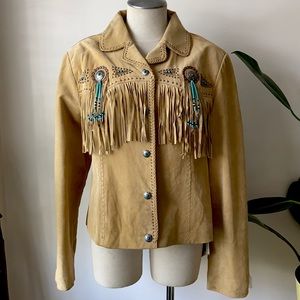 NWT Women’s Tan Suede Fringe and Beaded Jacket by Scully